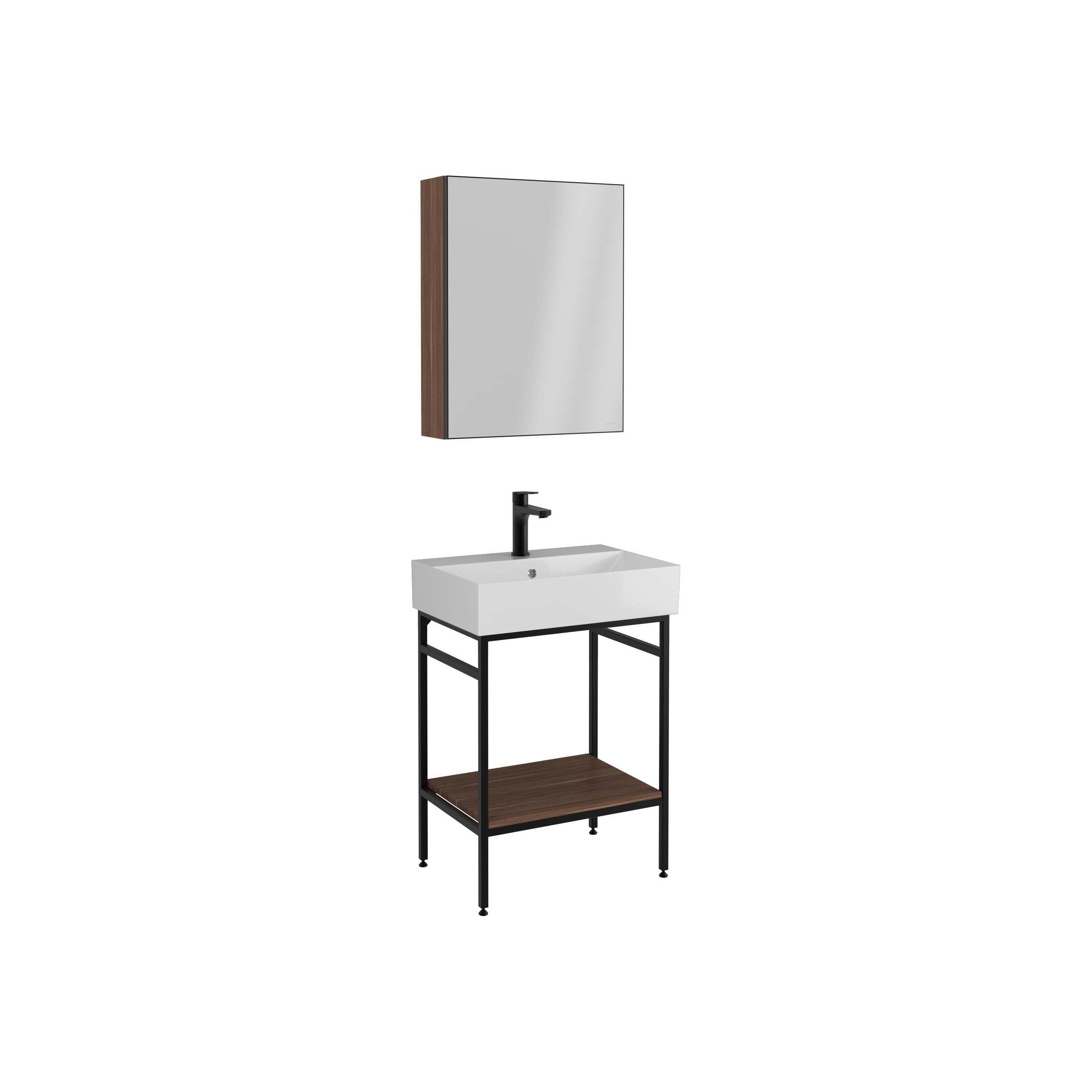 FREMO Washbasin Cabinet Victorian Walnut, With Shelf, White Washbasin