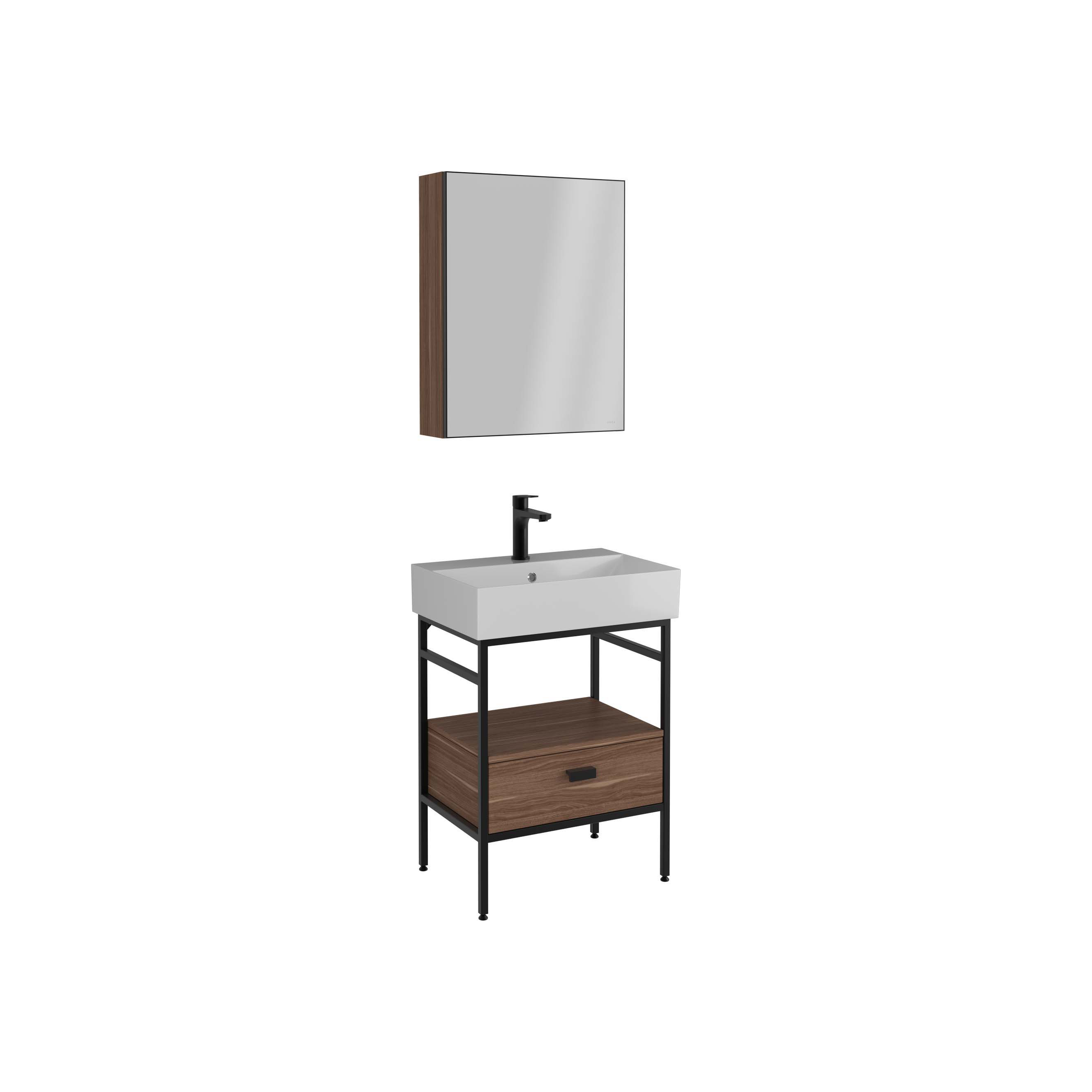 FERMO Washbasin Cabinet Victorian Walnut, Single Drawer, White Washbasin