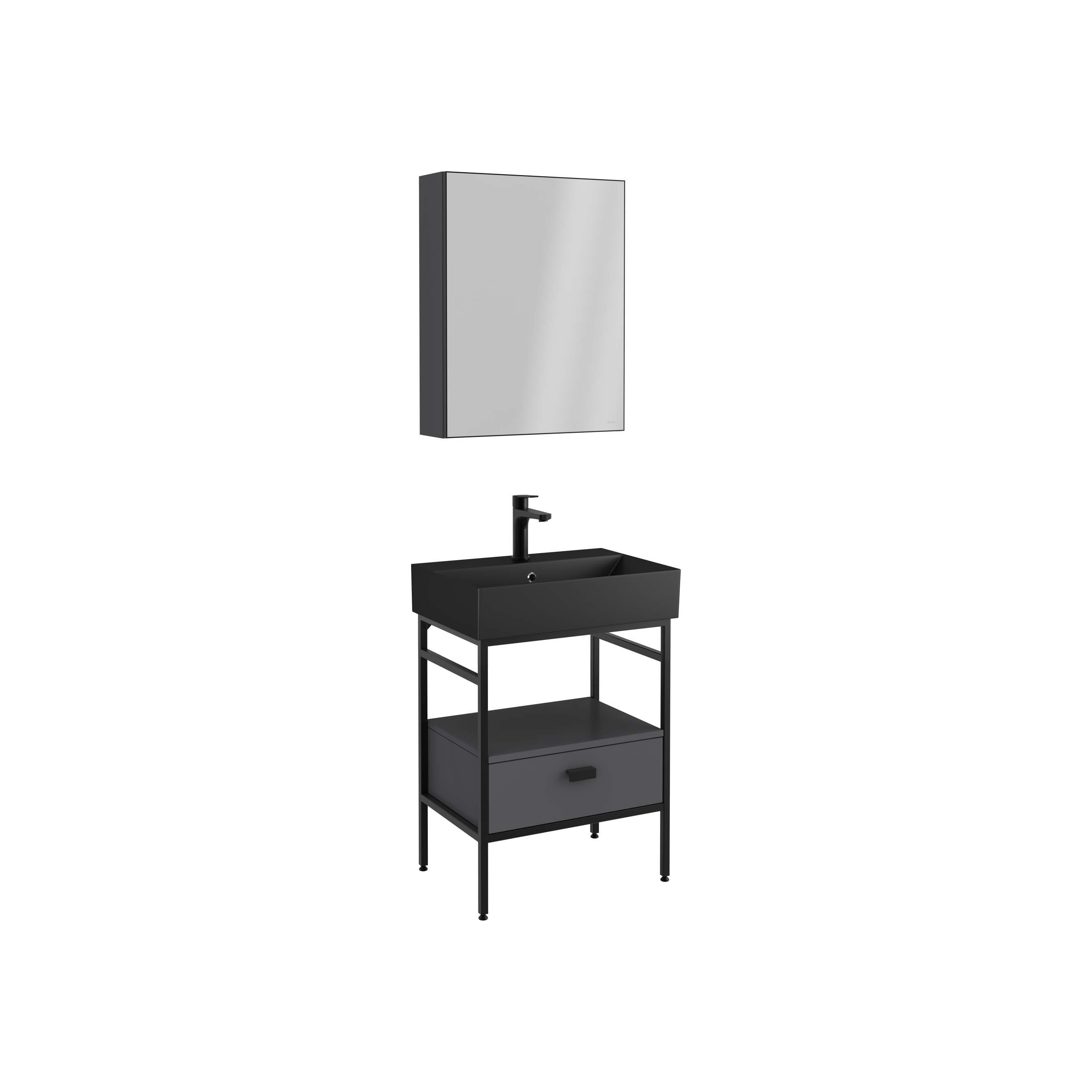 FERMO Washbasin Cabinet Anthracite, Single Drawer, Black Washbasin
